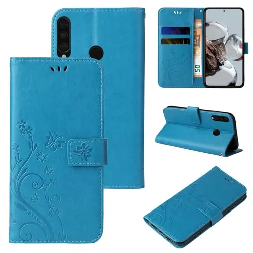 LBH Handy Hülle für Huawei P30 Lite Case Handytasche Schmetterling Blumen Flower Standfunktion Schutzhülle Magnet Rundum Schutz 360 Grad Flipcase Cover Blau