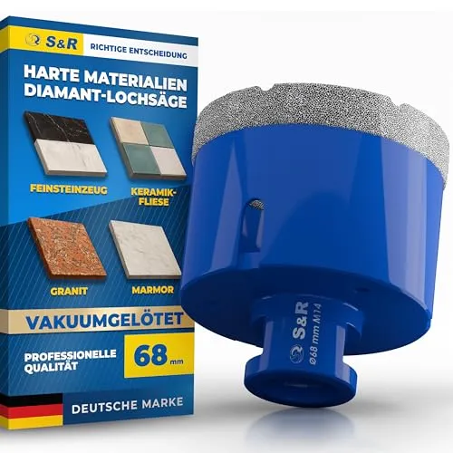 S&R Professional Diamant Fliesenbohrer 68 mm – Hochwertige Lochsäge für Fliesen - Präzise Diamantbohrkrone mit M14 Gewinde, ideal für saubere Löcher in Keramik und Naturstein. Vakuum-lötetechnologie sorgt für lange Lebensdauer und hohe Effizienz bei Trocken- und Nassbohrungen.