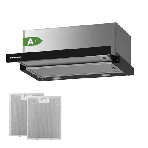 HEINNER HTCH-F660GBK Einbauherd, Teleskop, 60 cm Küchenabzugshaube, 611,7 m³/h Absaugleistung, LED-Beleuchtung, 2 Geschwindigkeitsstufen, Edelstahl-Finish, 5 Jahre Garantie