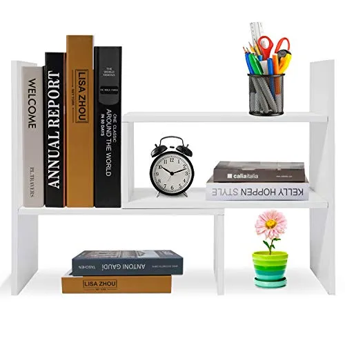 Hossejoy Bücherregal, Einstellbar Standregal Bücherregal, Bücher Halter für Regal, Erweiterbar Standregal Holzregal aus Holz für Büro, Wohnzimmer (Weiß)