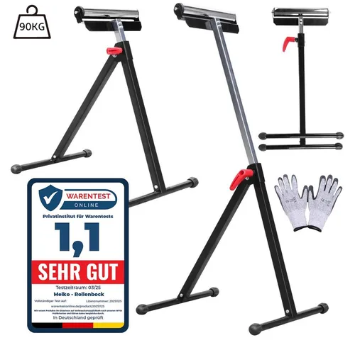 Melko Verstellbarer Rollenbock 66-105cm - Sägeböcke – Höhenverstellbar von 66 bis 105 cm, ideal für lange Werkstücke und schwere Belastungen bis 90 kg, klappbar für platzsparende Lagerung.