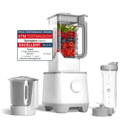 Springlane Hochleistungsmixer Hanno - 2000 W Standmixer für Smoothies & mehr - Standmixer mit 2000 W Leistung, Edelstahlmixbehälter und To-Go-Mixflasche. Ideal für gesunde Smoothies und vielfältige Zubereitungen.