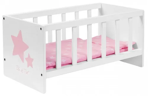 Ella & Piet® Puppenbett Sleepy - Holzbett im Sternchen-Design - Möbel für Minipuppen, traumhaftes Puppenbett mit Matratze, Decke und Kissen - ideal für Puppen bis 43 cm, modernes Gitterbett in Weiß-Rosa.