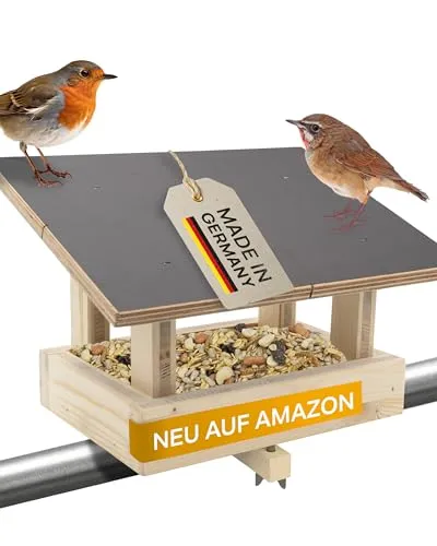 Vogelfutterhaus Balkon - Wetterfestes Vogelhaus für Balkongeländer - Futterstationen für Wildvögel, wetterfestes Dach schützt das Futter vor Nässe und sorgt für Frische, ideal für zahlreiche Vögel und nachhaltig aus massivem Holz gefertigt.