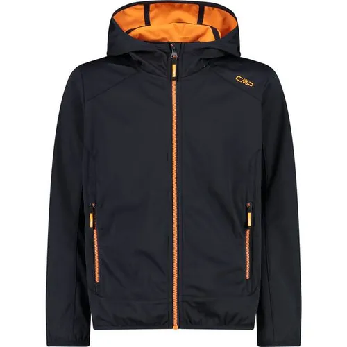 CMP Softshelljacke mit fester Kapuze, Anthrazit Flamme, Größe 128 - Windbreaker für Kinder, ideal für Outdoor-Aktivitäten mit Clima Protect Technologie für Wasserdichtigkeit (WP 8.000) und Atmungsaktivität (MVP 3.000). Ausgestattet mit Reißverschluss und praktischen Seitentaschen.