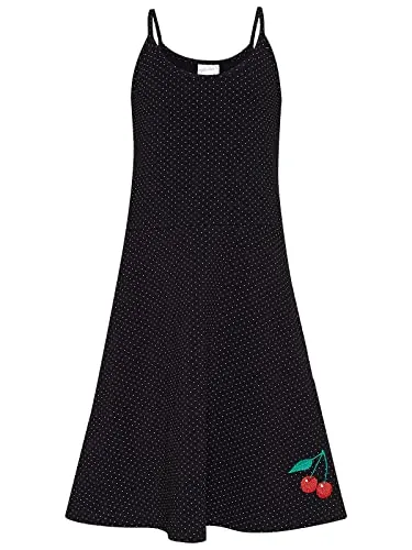 Pussy Deluxe Dotties & Cherry Girl Kinder A-Linien-Kleid schwarz Allover, Rundhals, gepunktet, ohne Kragen, A-Linie, ohne Ärmel, Freizeit, Knielang, Größe:134/140