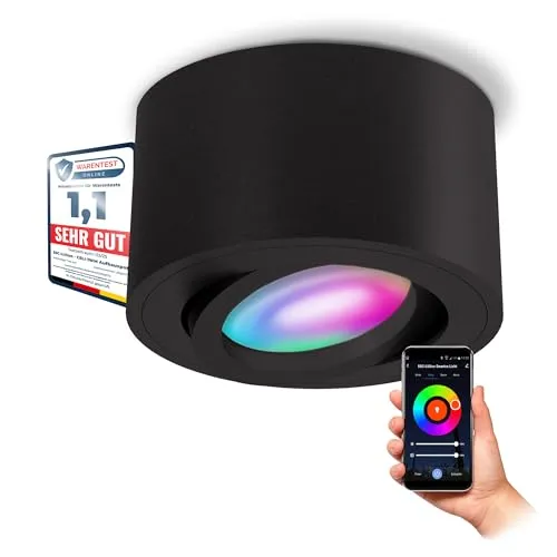 SSC-LUXon LED Aufbaustrahler CELI-1B - Schwenkbarer RGB Spot in Schwarz - Aufbaustrahler mit schwenkbarem Design und RGB LED für individuelle Lichtatmosphären. Ideal für Wohnzimmer, Flur, Küche oder Büro - einfache Smart Home Steuerung über App!