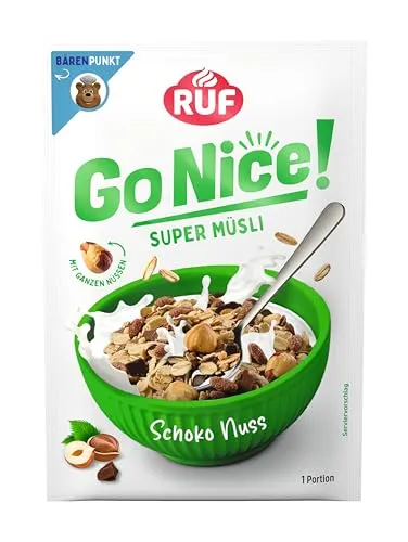RUF GoNice! Super Müsli Schoko Nuss aus Vollkorn-Haferflocken mit Haselnüssen, Zartbitter Chocolate Chunks und Vollmilch Raspeln, 50g Portionsbeutel