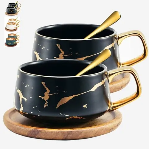 TELANKS 2 x 300 ml Cappuccino Tassen mit Untertassen & Löffel, Espressotassen Set, Elegant/Modern Kaffeetassen aus Keramik für Cappuccino, Latte, Espresso und Tee, Schwarz