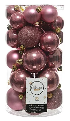 ETC 30er Set Kugelmix PVC mit Weihnachtskugeln Baumschmuck bruchfester Christbaumschmuck (Samtpink)