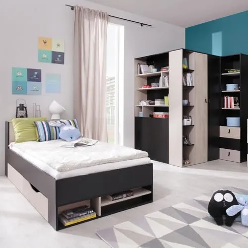 Lomadox Jugendzimmer Set 3-teilig in Schwarz/Braun/Beige - Moderne Möbelkollektion für das Jugendzimmer mit vielseitigen Stauraummöglichkeiten. Inklusive Bett mit Schublade, begehbarem Kleiderschrank und Regalschrank für optimale Organisation.