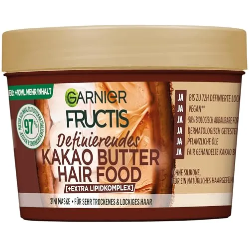 Garnier Fructis definierende Kakao Butter Haarmaske, Leave-In für trockenes und lockiges Haar, Für gebändigtes, Geschmeidiges Haar, Mit Sonnenblumenöl, Jojobaöl, Kokosnussöl, Hairfood, 3in1, 400ml