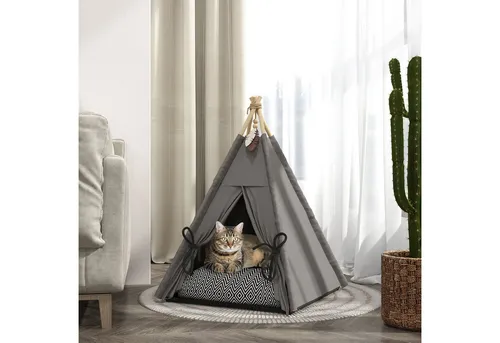 PawHut Tipi Zelt für Haustiere – Gemütliches Katzenhaus mit abnehmbarem Kissen - Katzenhöhlen & -häuser: Bequemes Tipi-Zelt für Katzen und kleine Hunde bis 5 kg, mit rutschfestem Boden und waschbarem Kissen für optimalen Komfort.