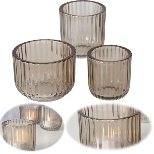 LS-LebenStil 3er Set Teelichthalter Glas Retro Beige 7-9cm Teelichtglas Windlicht Kerzenhalter Teelichtständer Kerzenständer perfekt für Tischdeko, Hochzeiten, Partys & Tischdekoration