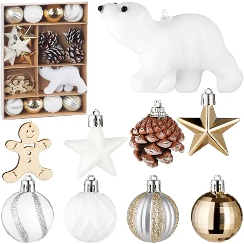 BRUBAKER 24 Stück Christbaumschmuck mit Eisbär Kugel - Weihnachtskugel Set mit Tannenzapfen, Lebkuchen Anhänger aus Holz, Glitzer Sternen und gemusterte Baumkugeln - Weiß, Gold und Braun