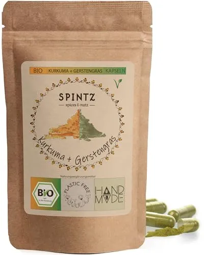 SPINTZ Bio Kurkuma Gerstengras Kapseln - Hochdosierte Kapseln mit 2400mg Kurkuma - Hochwertige Kapseln mit biologischem Gerstengras und Kurkuma. Vegan, plastikfrei verpackt und ideal für eine einfache tägliche Einnahme. Vertrauen Sie auf geprüfte Qualität!