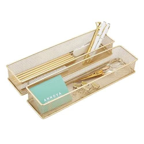 Annova Netz-Schubladenschrank und Regal, Organizer, Aufbewahrungskorb, für Schule, Büro, Zubehör, 2 Stück (Gold, 30x7.5x5cm)