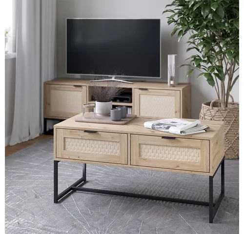 Vicco Wohnzimmertisch Natal, Eiche mit zwei Schubladen - Beistelltisch fürs Wohnzimmer mit praktischem Stauraum, stabilen Metallfüßen und modernem Design – ideal für stilvolle Wohnräume.