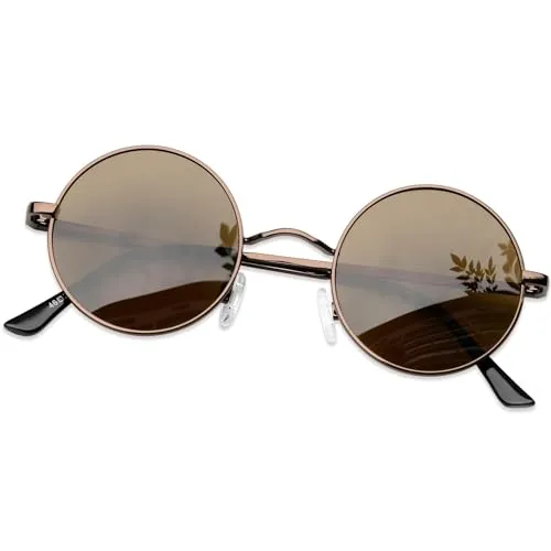 KANASTAL Runde Sonnenbrille Herren Damen Klassische Retro Polarisierte Sonnenbrille Rund mit Metallrahmen Vintage Hippie Rave Brille UV400 Schutz, Bronze Rahmen Braun Gläser