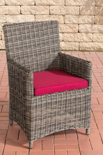 CLP Polyrattan Gartenstuhl Fontana 5mm - Essstuhl aus wetterbeständigem Polyrattan mit robustem Aluminiumgestell und bequemen, abnehmbaren Sitzkissen in Rubinrot für optimalen Sitzkomfort.