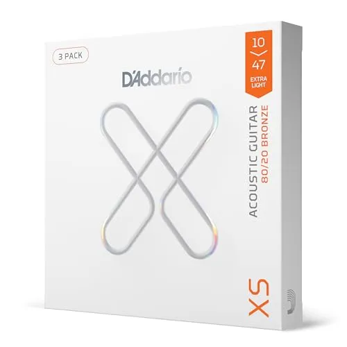 D'Addario Akustikgitarren-Saiten, XS 80/20 Bronze umsponnen, XSABR1047-3P, Extra Light Gauge 10-47, 6-saitiger Satz, 3er-Pack