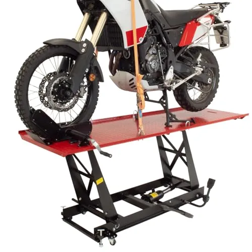 TRUTZHOLM Motorradhebebühne hydraulisch Tragkraft 450 kg Hubbereich 18-84 cm Extra-Breit 68 cm aus pulverbeschichtetem Stahl abnehmbare Auffahrrampe 4 Halteösen 45° Klemmvorrichtung schwarz/rot