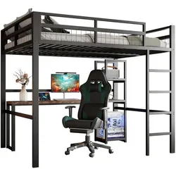 OKWISH Hochbett Funktionsbett 140x200 cm mit Schreibtisch und USB-Anschlüssen - Platzsparendes Hochbett mit integriertem Schreibtisch und mehreren Regalen. Optimal für kleine Räume, bietet es eine funktionale Lösung zum Schlafen, Arbeiten und Organisieren.