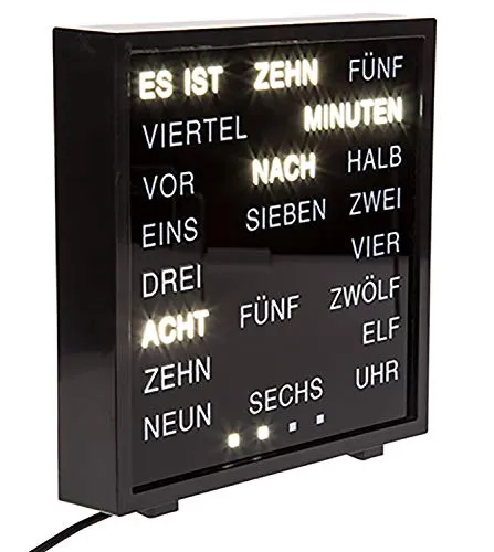 Out of The Blue LED Uhr mit Deutscher Wort-Anzeige - Tischuhr mit innovativer Wort-Anzeige, perfekt für eine moderne Einrichtung. Beleuchtet die Zeit und bietet eine einfache Anleitung in deutscher Sprache.