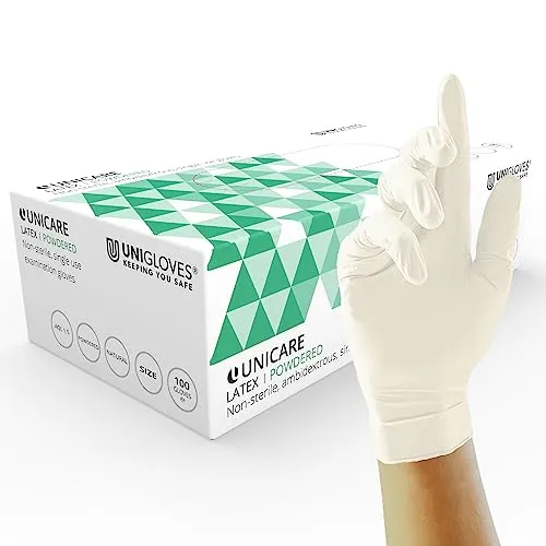UNIGLOVES Unicare Latex-Einweghandschuhe - vielseitig einsetzbar, leicht gepudert, Untersuchungshandschuhe - Box mit 100 Handschuhen, naturfarben, Groß (GS0024)