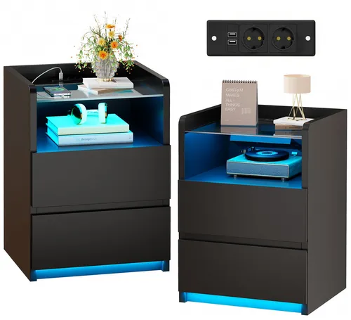 BEWISHOME Nachttisch 2er Set mit RGB-LED und Ladestation