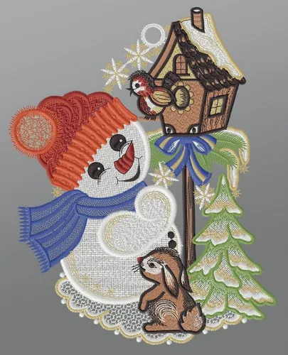 Plauener Spitze® Fensterbild Süßer Schneemann - Nussknacker Fensterbild, liebevoll gestaltetes Design für eine festliche Atmosphäre in Ihrem Zuhause, Pflegeleicht bei 30 °C Handwäsche.