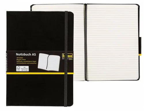 Idena Notizbuch, DIN A5, 192 Seiten, 80 g/m², liniert, Hardcover, schwarz 209284