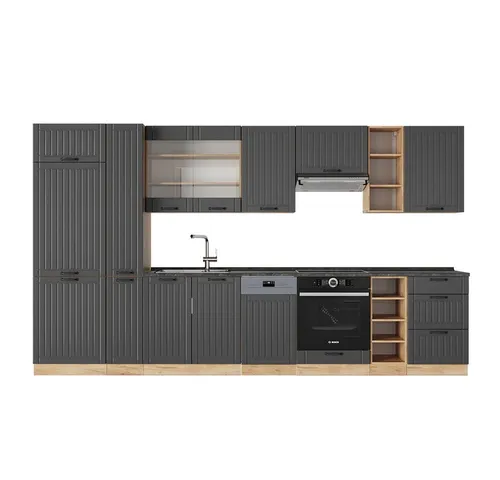 Vicco Küchenzeile Fame-Line, Dunkelgrau/Goldkraft Eiche, 355 cm - Küchenzeilen mit individuellen Konfigurationsmöglichkeiten, hochwertige MDF-Fronten und Soft-Close-Scharniere für leises Schließen und elegantes Design.