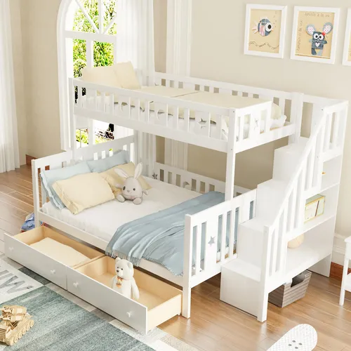 MODFU Etagenbett mit einer Matratze 90×200/140×200 Jugendbett mit Sicherheitstreppe,Kinderbett mit 2 großen Schubladen und Lattenrost,Holzbett mit Stauraum,weiß