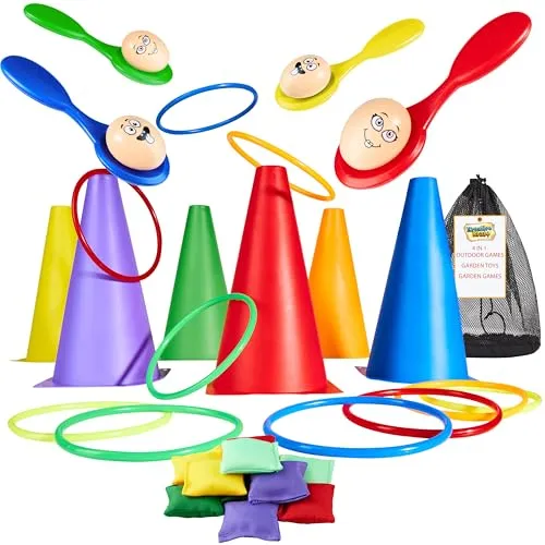 KreativeKraft Outdoor Spiele für Kinder Set Kindergeburtstag Spiele für Draußen Party Wurfspiele Gartenspiele Eierlauf Spiel Sackhüpfen Ringe (4-in-1-Set)