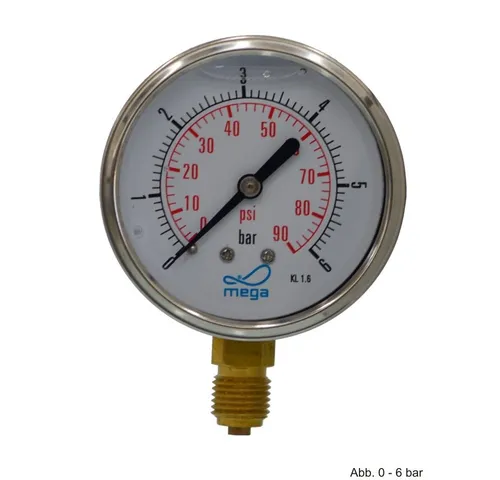 bevo Rohrverbinder Glyzerinmanometer 0-10 bar - Präzises Glyzerinmanometer mit 1/4' AG-Anschluss und robustem Gehäuse für zuverlässige Messungen im Elektrobedarf.
