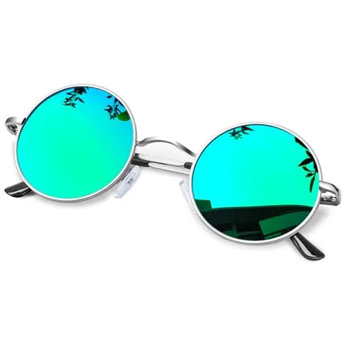 KANASTAL Runde Sonnenbrille Herren Damen Klassische Retro Polarisierte Sonnenbrille Rund mit Metallrahmen Vintage Hippie Rave Brille UV400 Schutz, Silber Rahmen Verspiegelt Grün Gläser