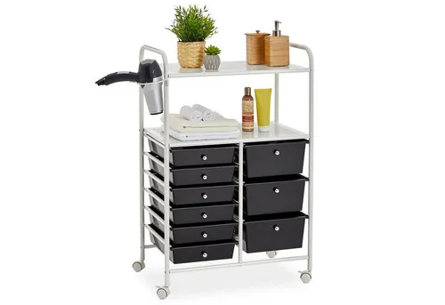 IDIMEX Beistellwagen MARITA - Vielseitiger Rollcontainer für Kosmetik und Friseurbedarf - Beistellwagen mit 9 Fächern, ideal für Kosmetik und Friseurbedarf. Praktisch und stilvoll in Weiß/Schwarz, perfekt für jeden Raum.