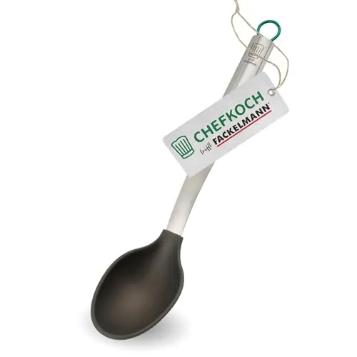 Chefkoch trifft Fackelmann – Premium Servierlöffel aus Edelstahl mit Silikonspitze, Hitzebeständig bis 230° Celsius, Spülmaschinenfest, Ideal für beschichtete Pfannen