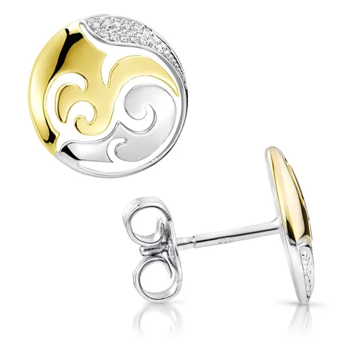 MATERIA Damen Ohrstecker Silber 925 rund - Elegante Gold Ohrringe mit Zirkonia - Ohrschmuck mit 16 funkelnden Zirkonia, ausgefallene bicolore Optik in Gold und Silber, ideal für besondere Anlässe oder den Alltag.