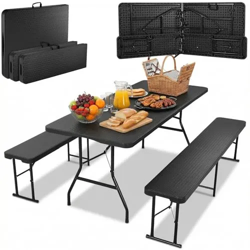 Bierzeltgarnitur Klappbar 3-teilig 1 Biertisch & 2pcs Bierbank Klappbar,Festzeltgarnitur Biertischgarnitur 180cm Wetterfest,Gartenmöbel Set mit Tragegriff,Campingtisch Outdoor & Indoor,Rattan-Optik