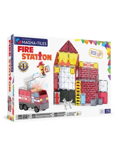 MAGNA-TILES® Feuerwehrstation 50-teiliges Magnetbauset - Bauspielzeugset mit 50 magnetischen Teilen, inklusive Licht- und Soundfliese sowie ausziehbarer Feuerwehr-Leiter. Fördert Kreativität und Feinmotorik für actionreiche Rettungsmissionen.