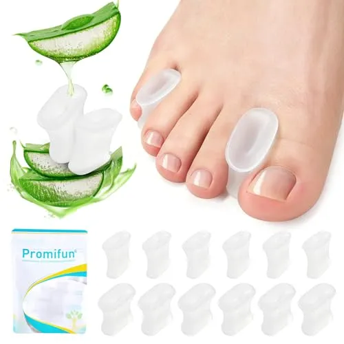 Promifun Gel Zehenspreizer – 12 Stück Aloe Vera Extrakt infundierte Silikon-Zehenspreizer zum Glätten überlappender Zehen, Ballenzehen, Schwielen (Clear,Multi-Size)
