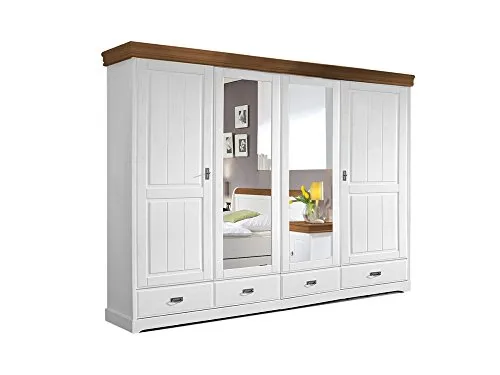 moebel-eins Roman Kleiderschrank - 4-türiger Drehtürenschrank aus massivem Kiefernholz - Kleiderschränke in skandinavischem Landhausstil, teilmontiert, mit 12 cm Kranzhöhe und aus hochwertigem Massivholz für langlebige Qualität.