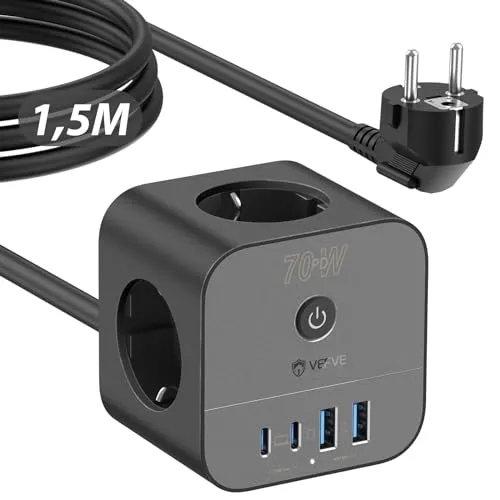 VEFVE 70W USB-C Ladegerät, 7-in-1 Würfel-Steckdosenleiste mit Schalter, Mehrfachsteckdose 3m mit USB-Schnellladung Kompatibel mit MacBook, Laptop, iPad Pro, iPhone 15, Galaxy S23