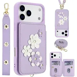 Crossbody Kunstleder Hülle für Apple iPhone 17 Pro Max mit Blumenmotiv & Kartenfach Lila - Lila