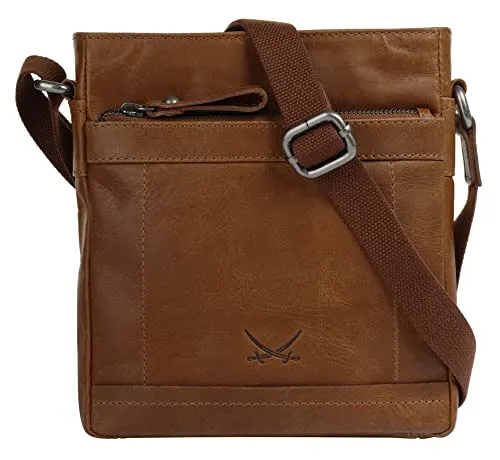 Sansibar Umhängetasche 021198 cognac - Hochwertige Umhängetasche aus 100% Rindleder, ideal für Freizeitaktivitäten. Mit Smartphonefach, zwei Stifthaltern und mehreren Reißverschlussfächern für optimale Organisation.