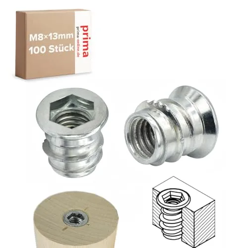 Einschraubmutter M8 x 13 mm – Einschraubmuffen/Eindrehmuffen aus verzinktem Stahl – Innengewinde für Holzbau & Möbelbau (100 Stück)