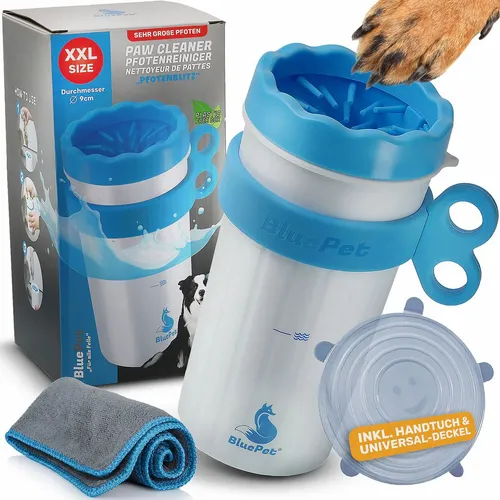 BluePet Pfotenreiniger für Hunde - Größe XXL - Hundebürsten und Pfotenreiniger in XXL für bis zu 8cm Pfotenbreite. Ideal für saubere Pfoten nach dem Spaziergang und schützt deinen Teppich vor Schmutz. Inkl. Mikrofaser-Handtuch für praktische Reinigung.