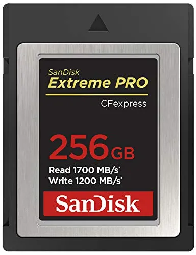 SanDisk Extreme PRO CFexpress Speicherkarte Typ B 256 GB (Lesegeschwindigkeiten bis 1700 MB/s, für RAW 4K-Video, XQD-Kompatibilität, RescuePro Deluxe Wiederherstellung Software)